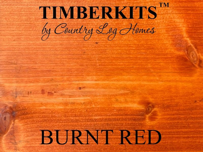 Sample of wood Burnt Red stain with logo Timberkits by Country Log Homes